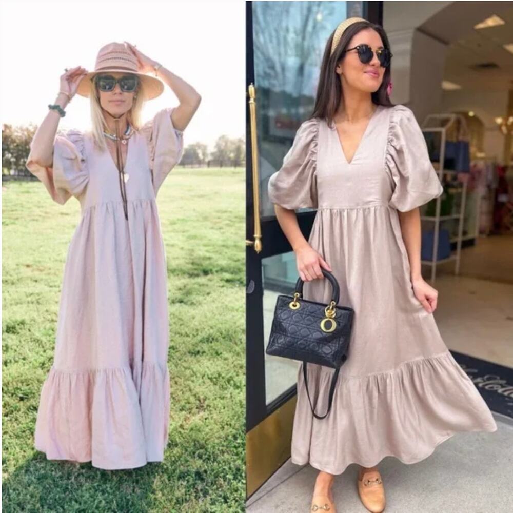 Hunter Bell Palmer V-Neck Puff-Sleeve Tiered Ruffle Maxi Dress Size Large